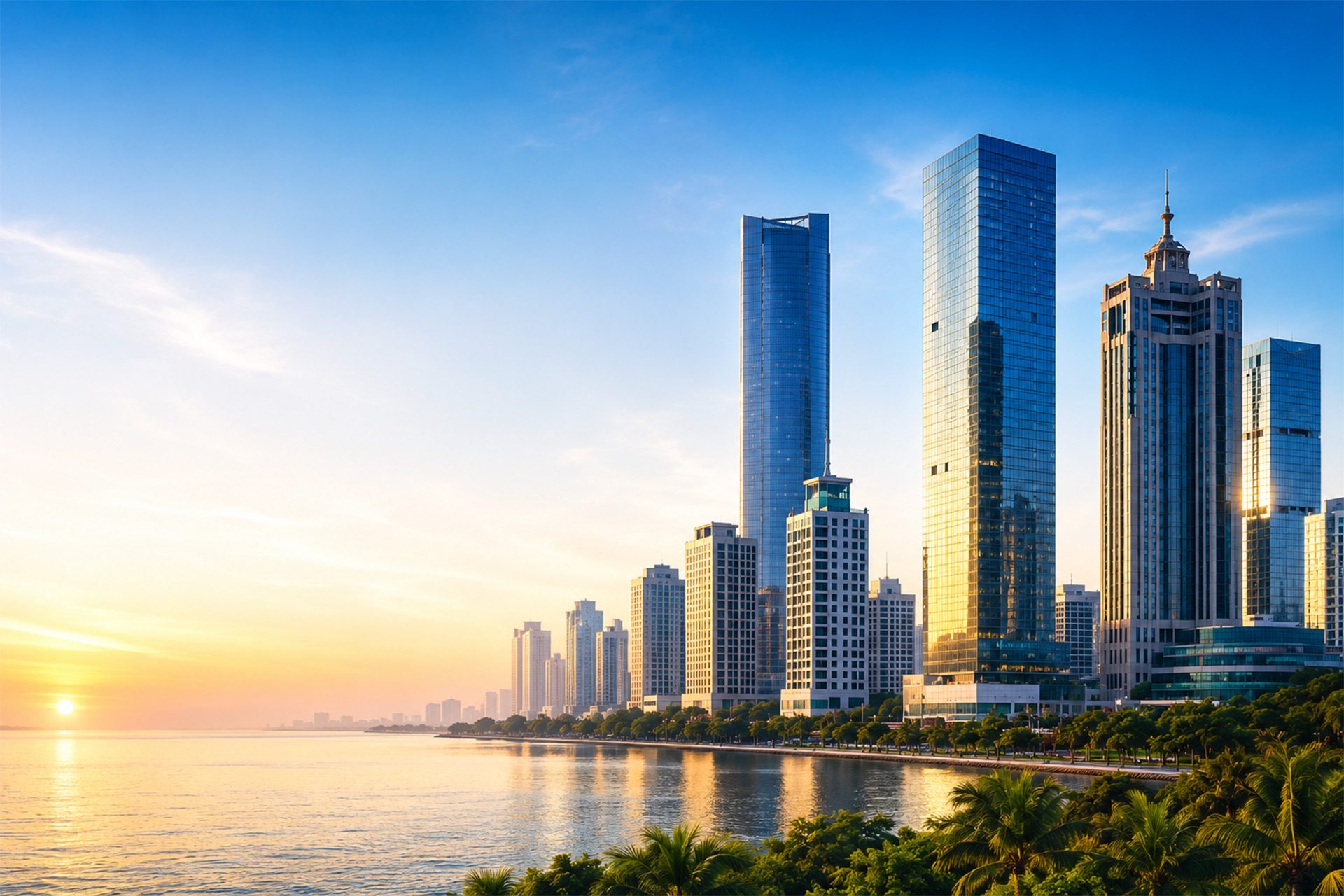 Quartier d'affaires moderne au bord de l'eau au coucher du soleil